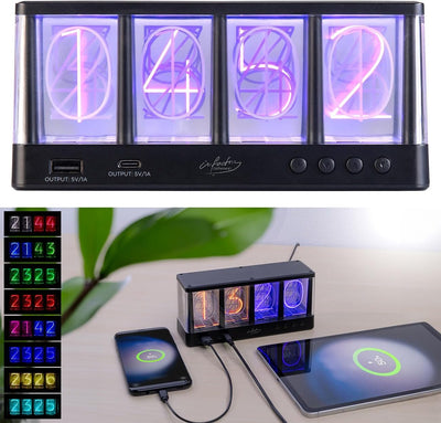 infactory Uhr: Tischuhr in Röhren-Optik, RGB-LEDs, USB-A/C-Anschluss, USB-betrieben (Tischuhr in Röh
