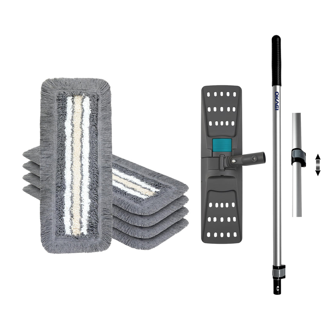 OKAEI Wischmop-Komplettset 40 cm – 5er Set: 5× Bezug Grau-Weiss-Beige + Klapphalter & Alu-Teleskopst