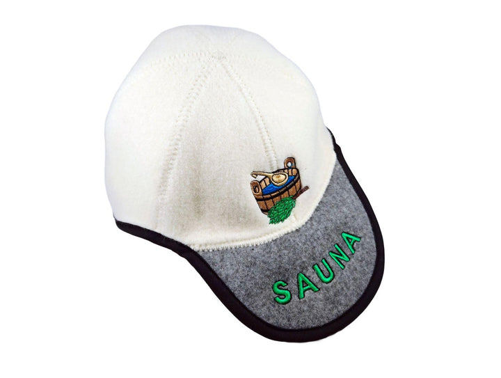 SAUNA Saunahut, Baseballkappen-Form, 100% Schafwolle, Weiss-Grau, mit Saunatub-Stickerei