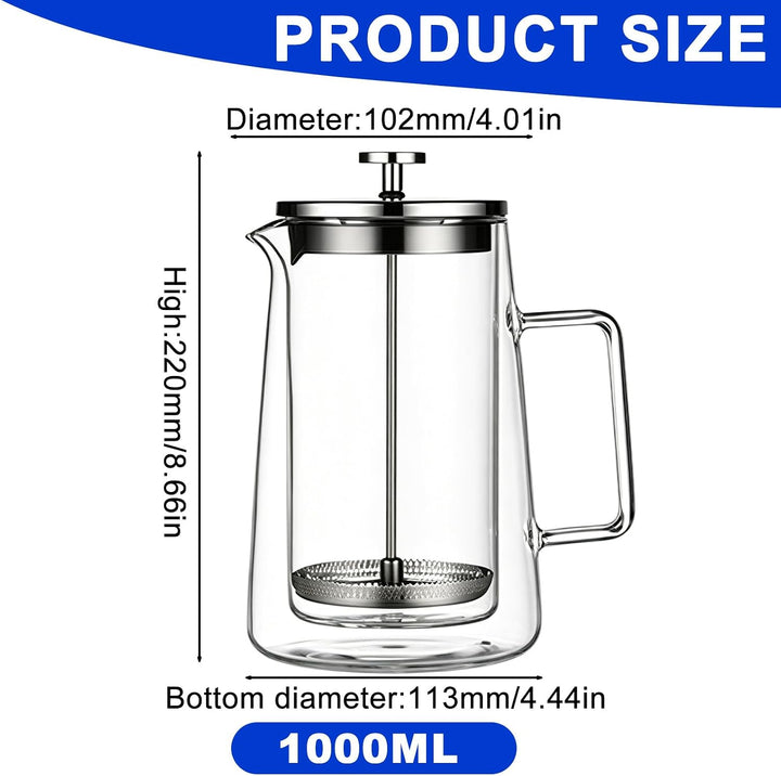 French Press 1 Liter Kaffeepresse, Kaffeebereiter Doppelwand Glas Kaffeepresse mit Edelstahl-Filter,