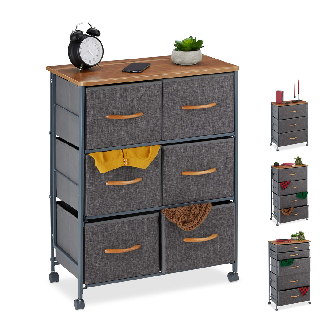 Relaxdays Schubladenschrank mit Rollen, 6 Stoff Schubladen, Deko Stoffschrank, Holzoptik, HBT 74,5 x