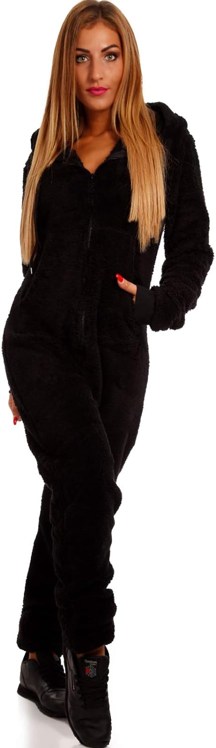 Teddyfleece Teddyfell Jumpsuit flauschig und kuschelig One Piece Overall warm (Schwarz, XL)