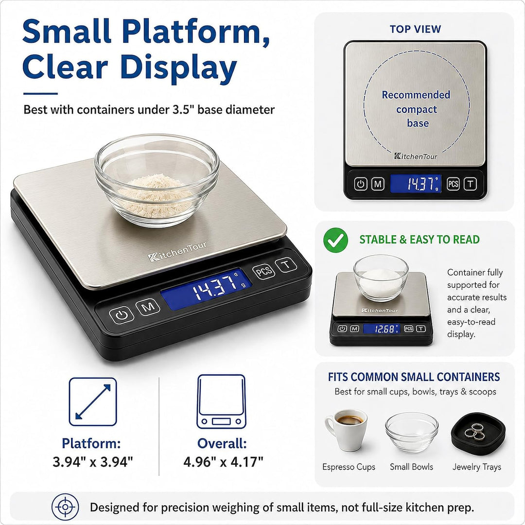 KitchenTour Digitale Küchenwaage – 3000g/0,1g Präzisionswaage mit 9 Einheiten (g/oz/ml/lb/lb:oz/gn/