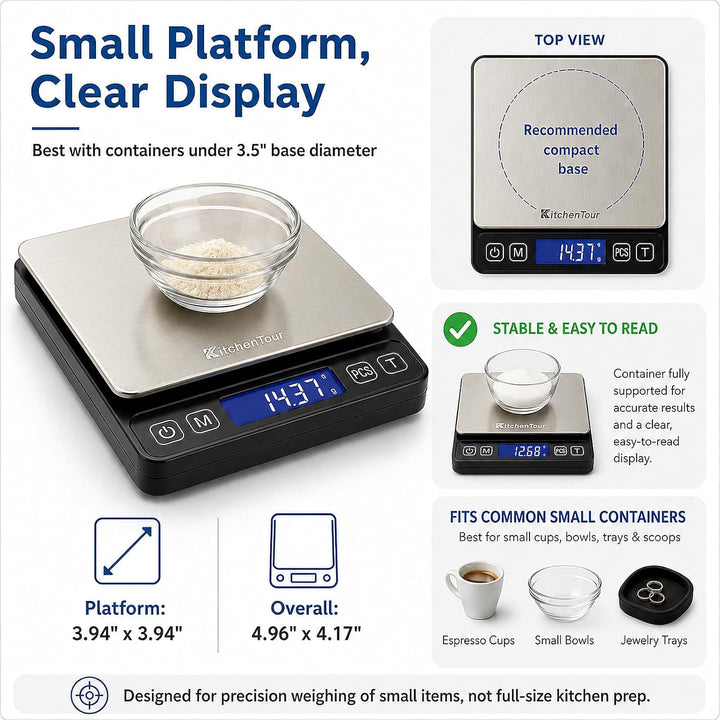 KitchenTour Digitale Küchenwaage – 3000g/0,1g Präzisionswaage mit 9 Einheiten (g/oz/ml/lb/lb:oz/gn/