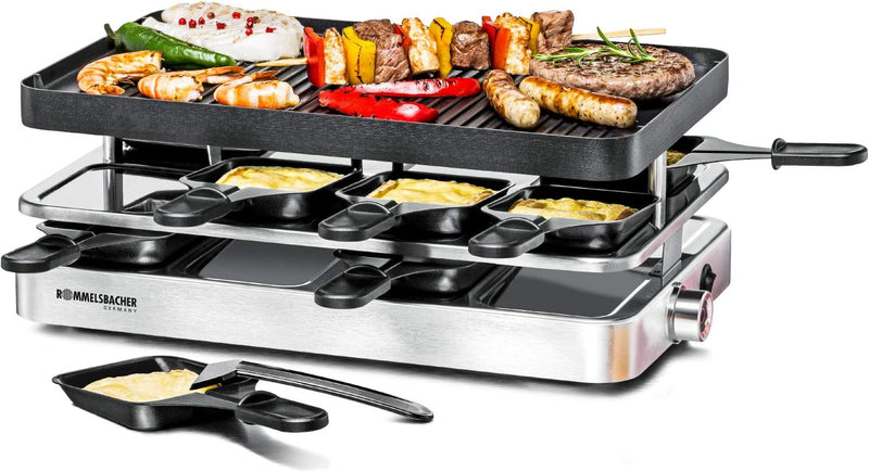 ROMMELSBACHER Raclette Grill RC 1400 - Wendeplatte zum Grillen & für Crepes, 8 Pfännchen, Antihaftbe