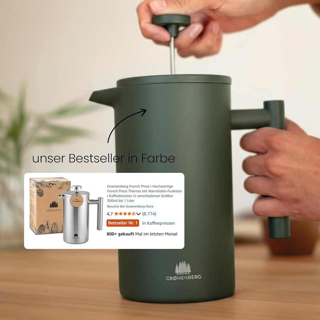 Groenenberg French Press Forest (grün) 600 ml o. 1 Liter I Hochwertige Kaffeepresse mit Thermo Warmh