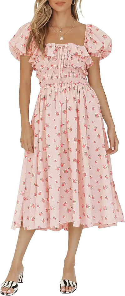 R.Vivimos Damen Casual A-Line Print Vierkant Puff Ärmel Kleid Saum Hohe Taille Midi Fitted Kleid Ber