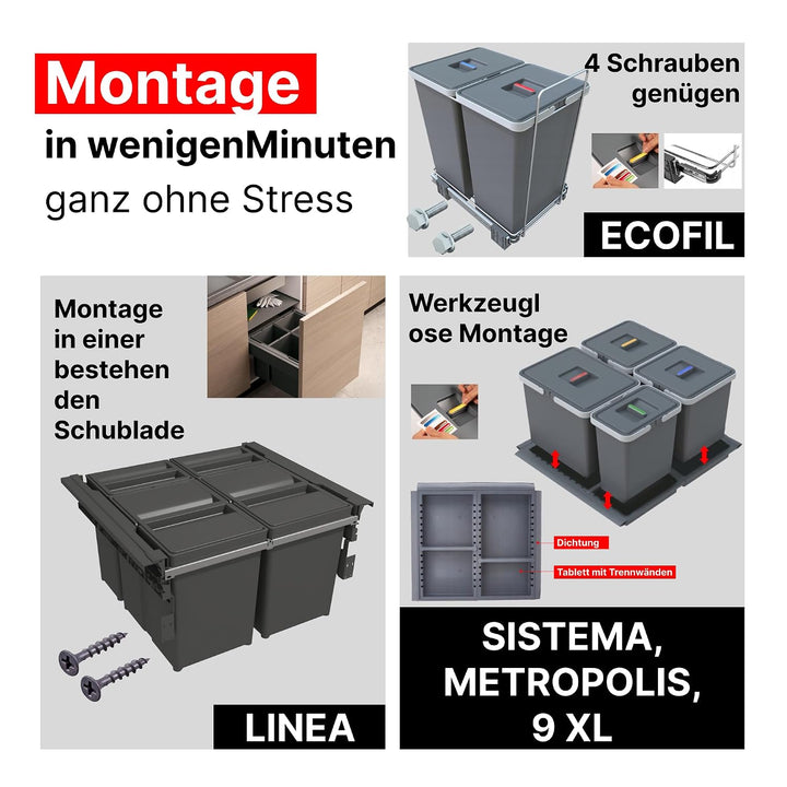 Mülltrennsystem 9 XL für 90 cm Schublade - Einbau-Mülleimer mit 3 Fächern (2x 20 L, 1x 9 L), Abfalle