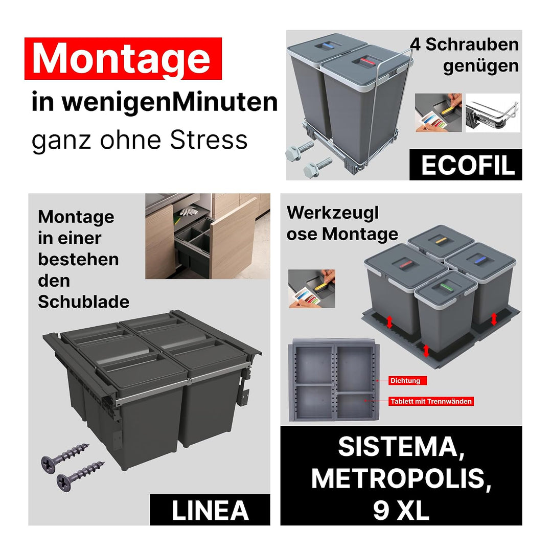 Abfalltrenner Set ECOFIL - Mülltrennsystem für 40 cm Küchenunterschrank, 3 facher Mülleimer (2x 8 L,