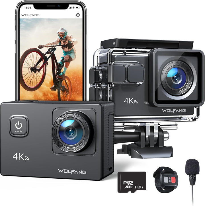 WOLFANG Action Cam 4K30FPS 20MP mit 32GB microSDXC Speicherkarte WiFi 40M Unterwasserkamera Wasserdi