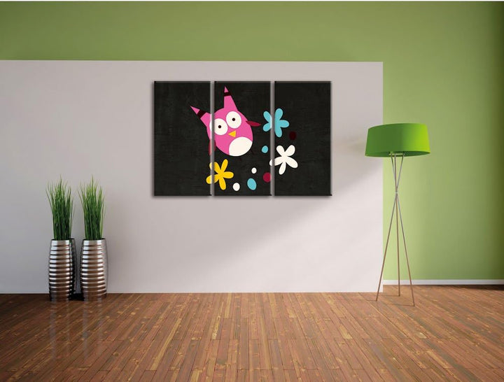 Pixxprint Fliegende Eule mit Blumen als Leinwandbild/Grösse: 3 Teilig (120x80) cm/Wandbild/Kunstdruc