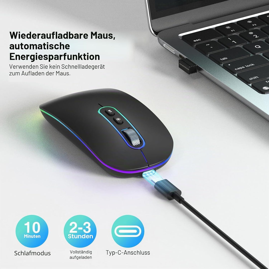cimetech Bluetooth Maus kabellos (Bluetooth 5.1 + USB 2,4 GHz) LED Dual Mode- Wiederaufladbare Optis