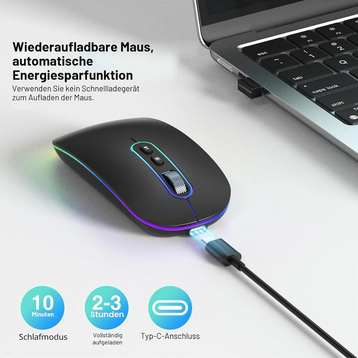 cimetech Bluetooth Maus kabellos (Bluetooth 5.1 + USB 2,4 GHz) LED Dual Mode- Wiederaufladbare Optis