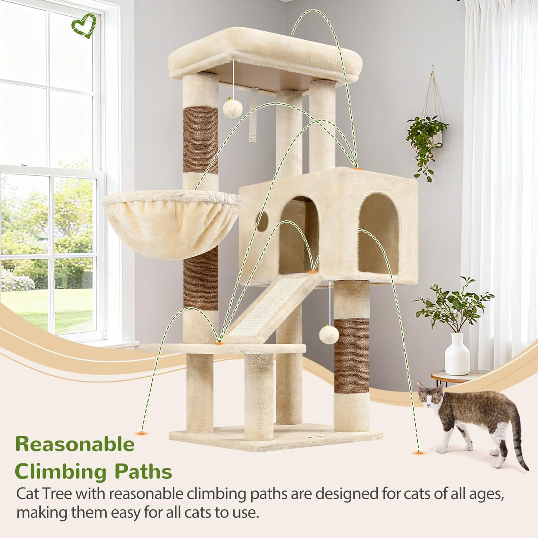 Globlazer Kratzbaum Beige Stabil mit 8 cm Dicker Stämme, Gross Katzenhaus, Gepolsterte Plattform, Ve