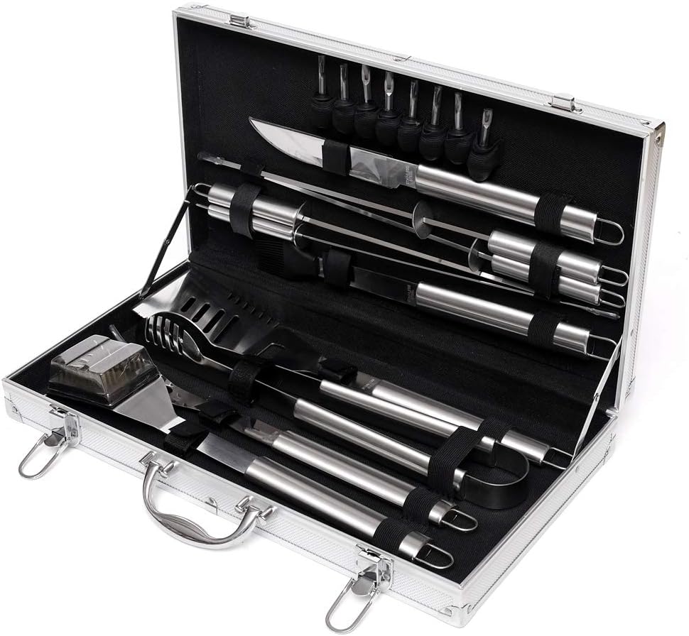 BBQ Grill Set Grillkoffer Küchenhelfer Set Edelstahl Rostfrei 18-teilig mit Koffer Küchenhelfer (Gra