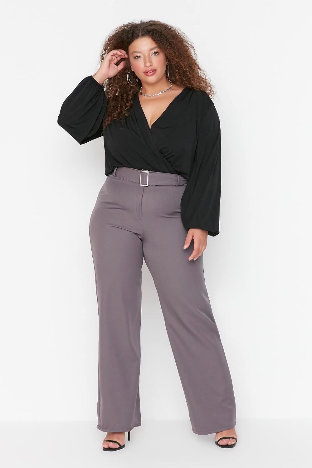 TRENDYOL Damen High Waist Wide Leg Plus Size Pants Hose 46 Grosse Grössen Anthrazit, 46 Grosse Gröss