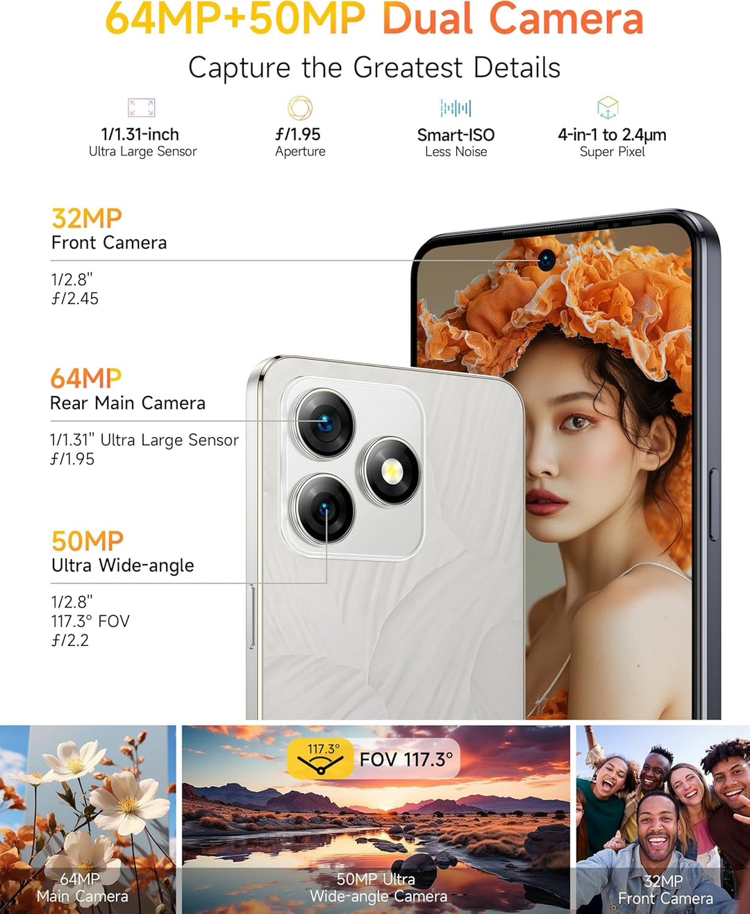 Ulefone Note 18 Pro Handy ohne vertrag, 64MP+50MP+32MP Kamera 12GB+256GB/SD-2TB Android 14 Smartphon