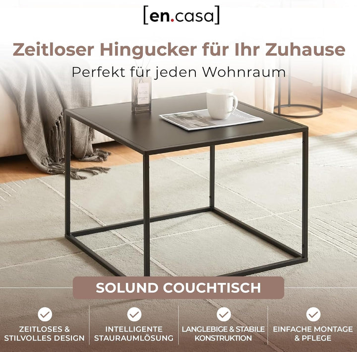 [en.casa] Couchtisch Solund Beistelltisch Metall Schwarz matt Wohnzimmertisch mit Stauraum 60 x 60 x