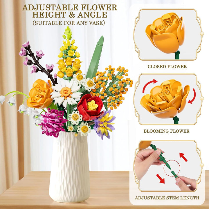 Blumen Bausteine Set für Erwachsene, 1070 Stück Blumenstrauss, künstliche Blume Bauklötze Bausatz Sp