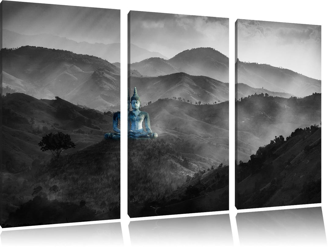 Pixxprint Buddha Bild im Tal der Dunkelheit B&W Detail 3-Teiler Leinwandbild 120x80 Bild auf Leinwan
