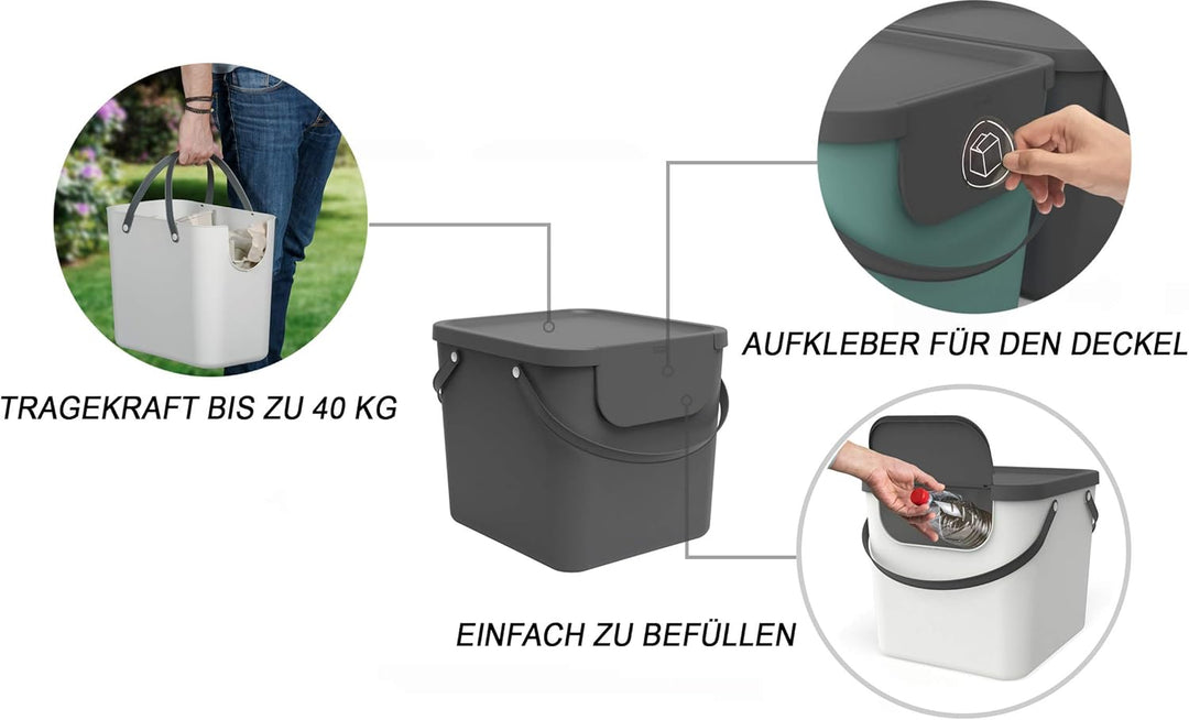 Rotho Albula 3er-Set Mülltrennungssystem 40l für die Küche, Kunststoff (PP) BPA-frei, anthrazit/blau