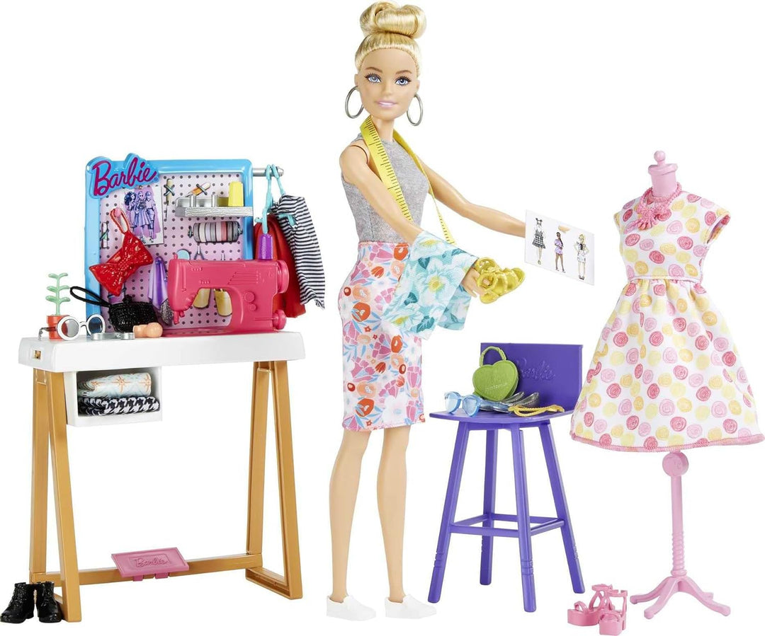 Barbie HDY90 - Modedesigner-Puppe (30,40 cm) & Studio, 25+ Design- und Modezubehör, Design-Schreibti