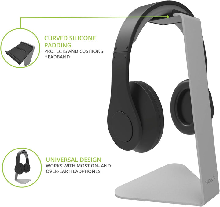 Kanto H1S Universal Headphone Stand with Curved Silicone Padding | Silver, Silver