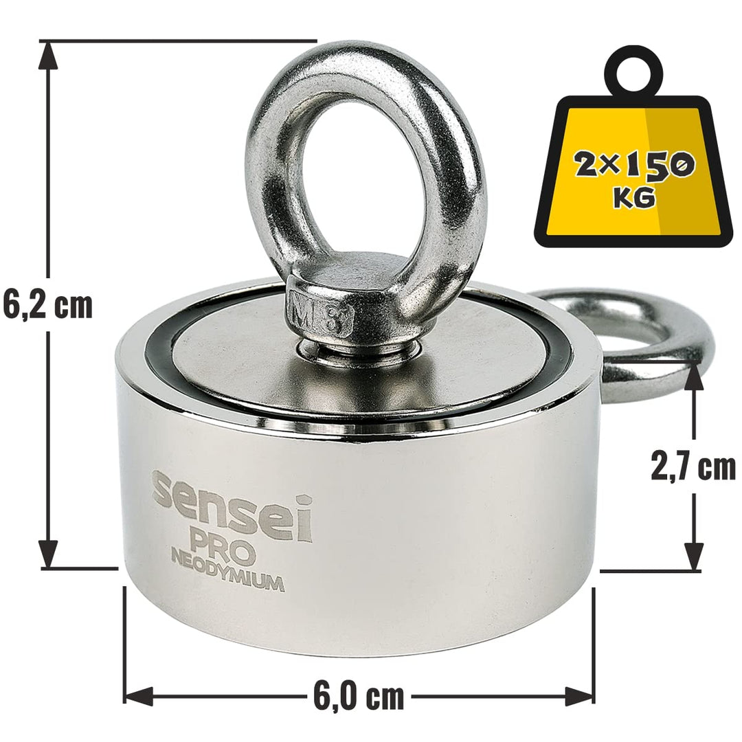 SENSEI Magnet 150 kg, Doppelseitiger Neodym-Magnet N52 mit 2 Ösen oben und seitlich, Ø6 x H2,7 cm, M