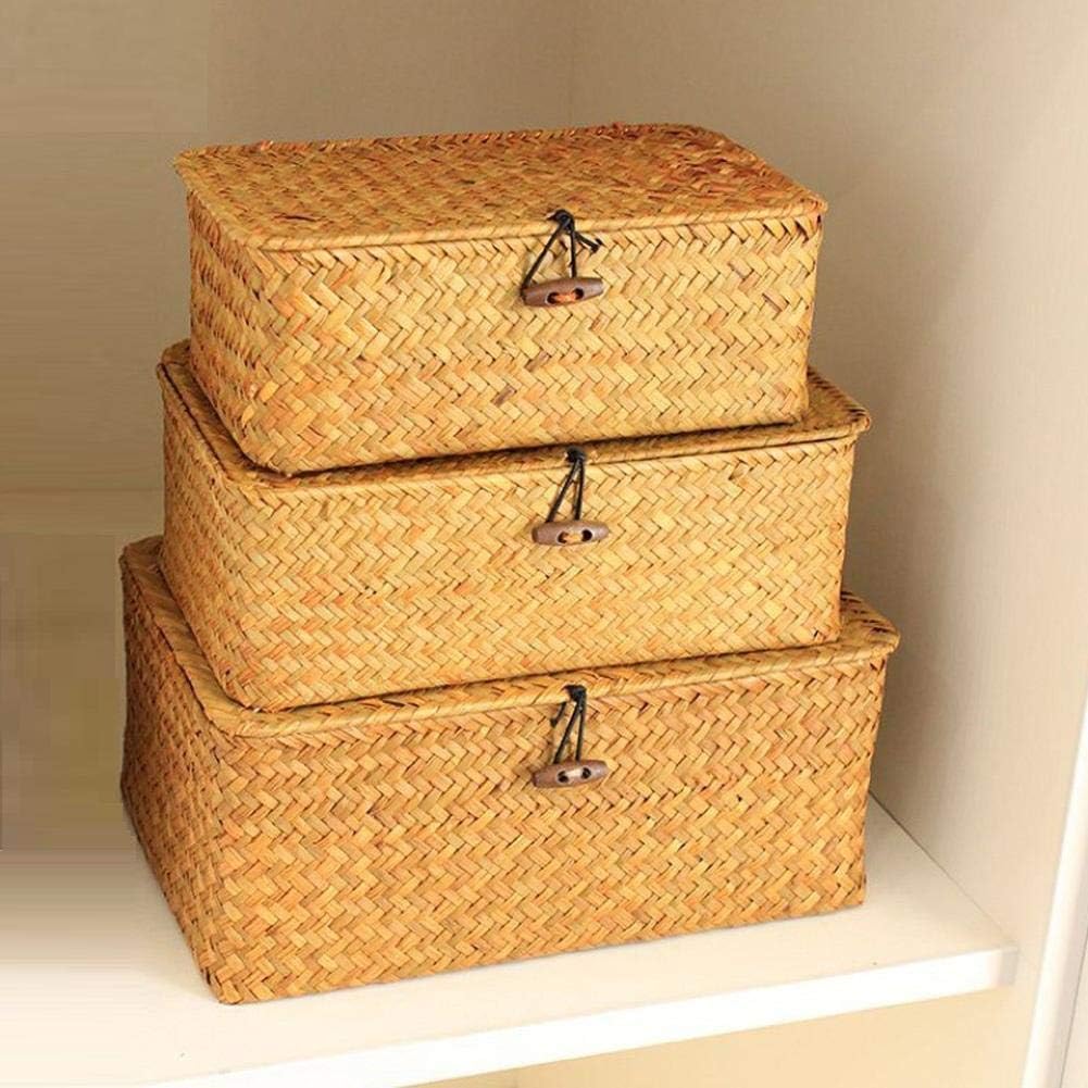 Rattankorb Aufbewahrungskorb aus Seegras Aufbewahrungsbox mit Deckel Dekobox Natürliches Material 3