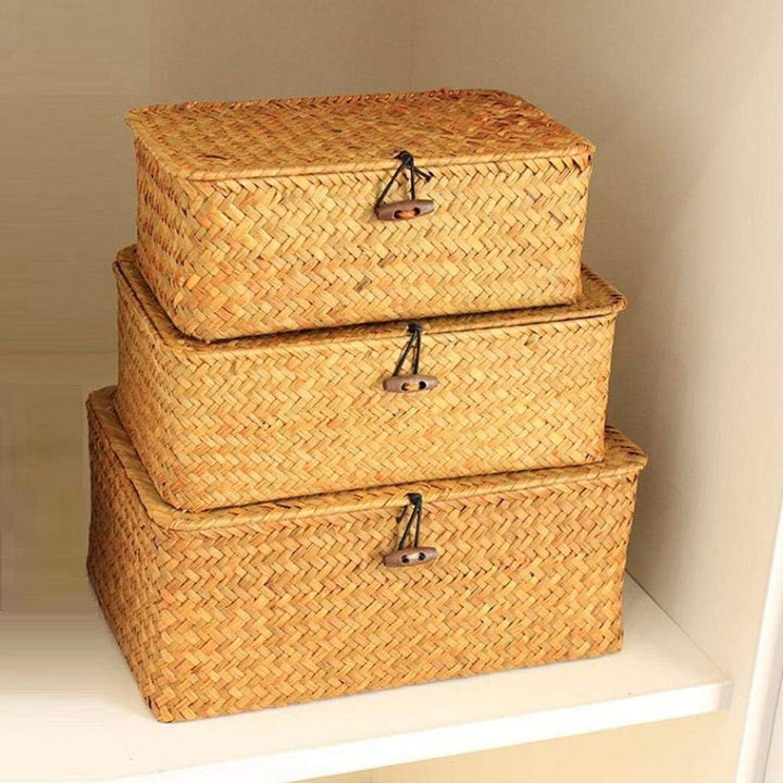 Rattankorb Aufbewahrungskorb aus Seegras Aufbewahrungsbox mit Deckel Dekobox Natürliches Material 3