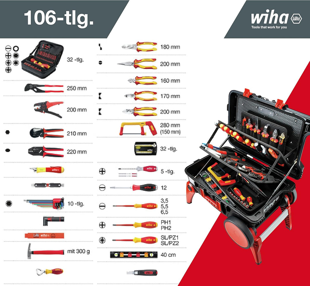 Wiha Werkzeugkoffer Set XXL III electric I 106-tlg. I Trolley mit ausklappbaren Beinen I Werkzeugkas