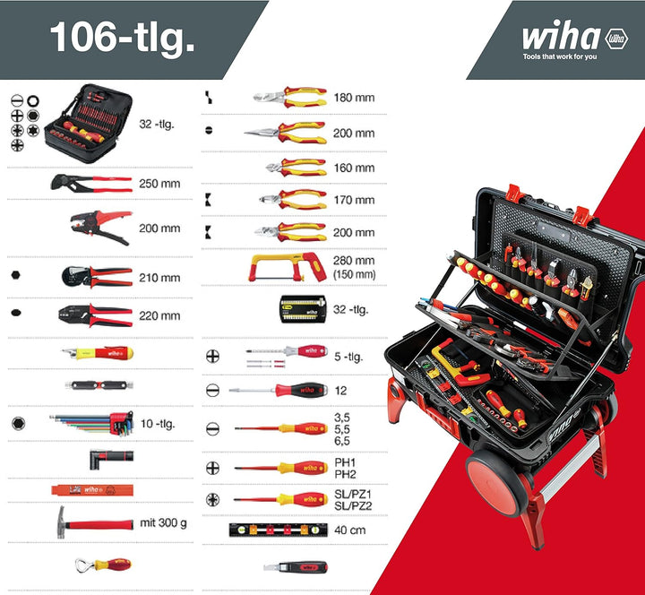 Wiha Werkzeugkoffer Set XXL III electric I 106-tlg. I Trolley mit ausklappbaren Beinen I Werkzeugkas