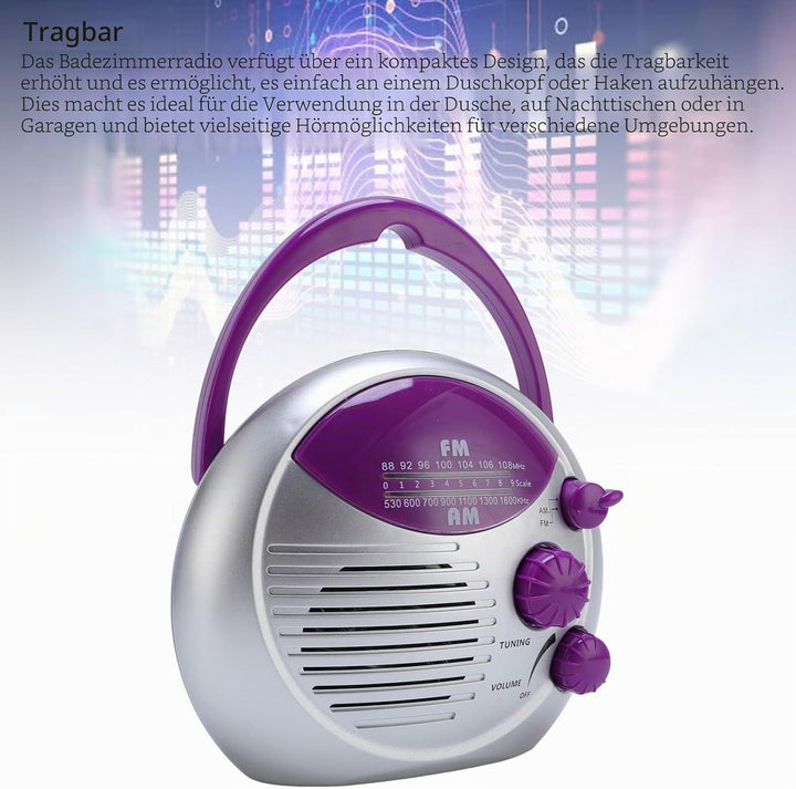 IPX4 Water Proof Duschfunk, AM FM Tragbares Radio mit Klarem Sound, für Badezimmer, Küche, Outdoor,