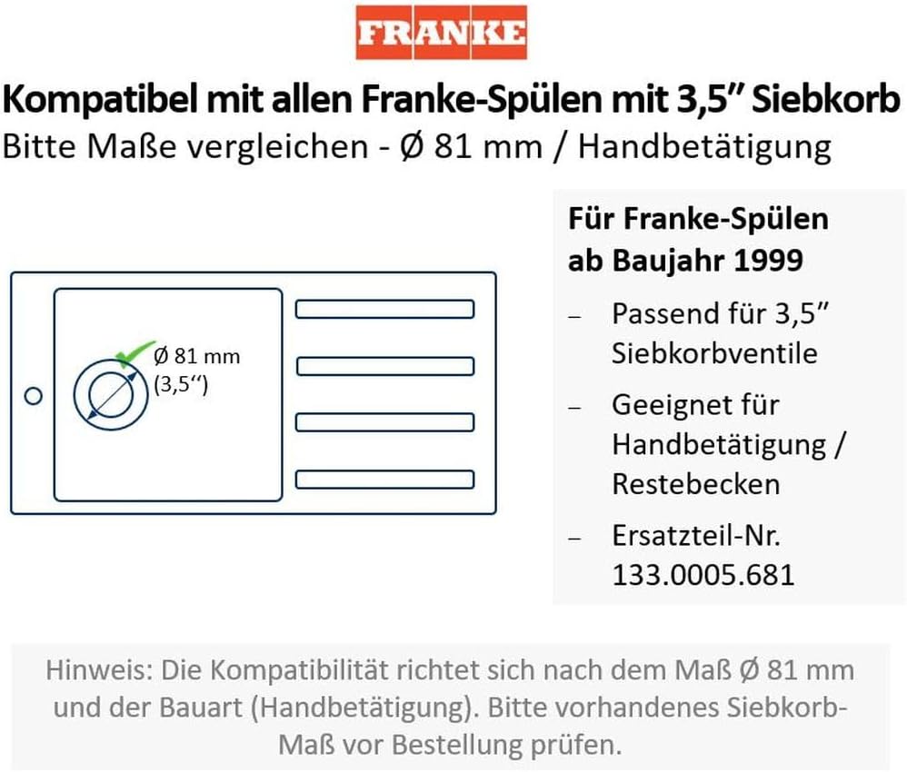 FRANKE Siebkörbchen Handbetätigung/Restebecken / 3 1/2 Zoll Siebkorb/ab Baujahr 99 / Ersatzteil Sieb