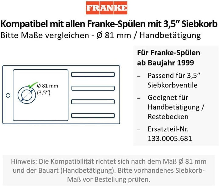 FRANKE Siebkörbchen Handbetätigung/Restebecken / 3 1/2 Zoll Siebkorb/ab Baujahr 99 / Ersatzteil Sieb