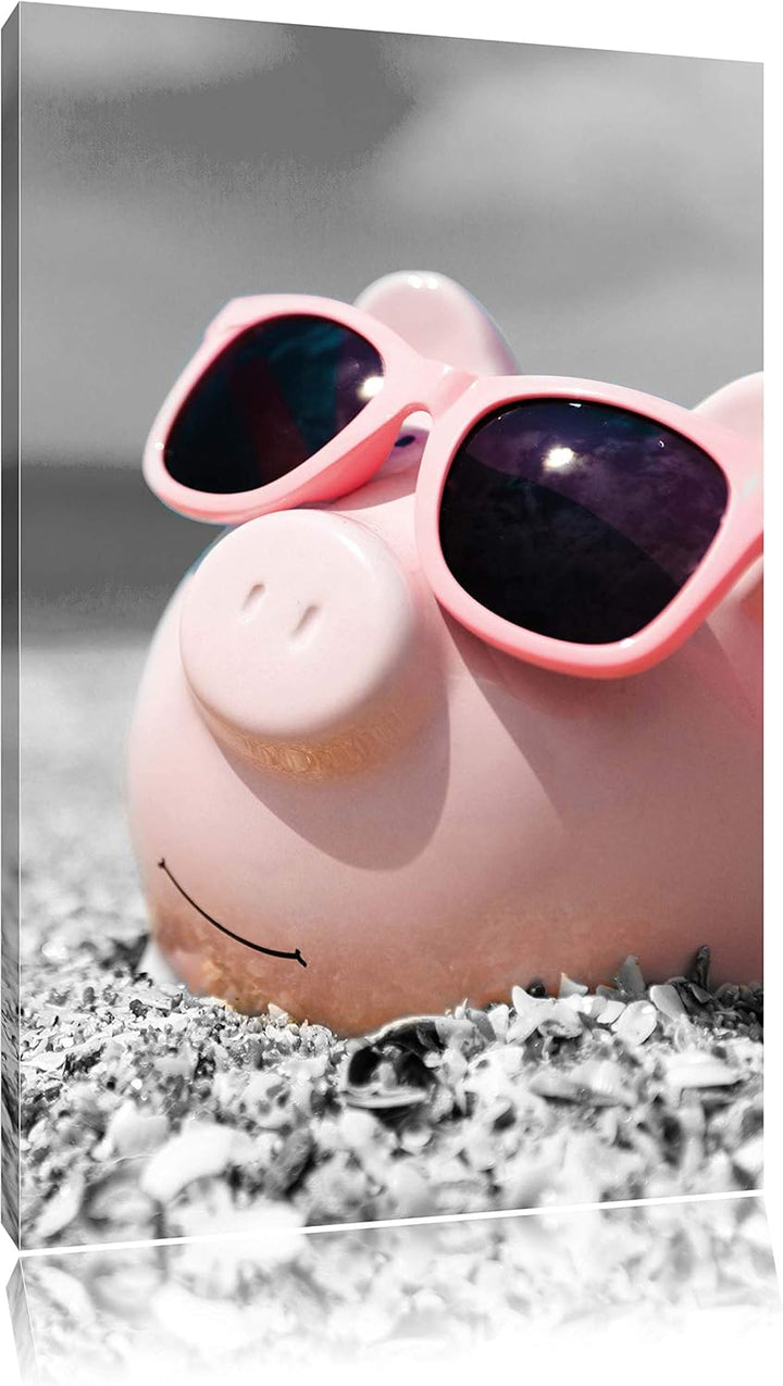 Pixxprint Cooles Sparschwein mit Sonnenbrille am Strand schwarz/weiss, Format: 70x100 auf hochkantig