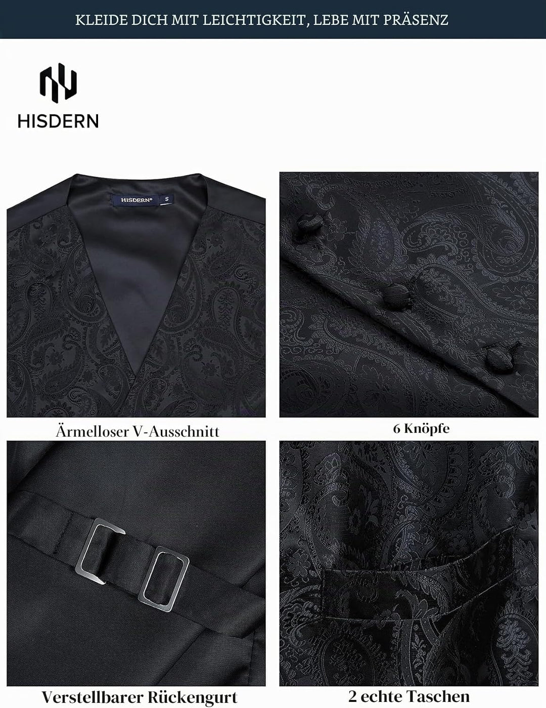 HISDERN Herren FLoral Hochzeit Weste Krawatte Einstecktuch Taschentuch Jacquard Weste Anzug Set XS S
