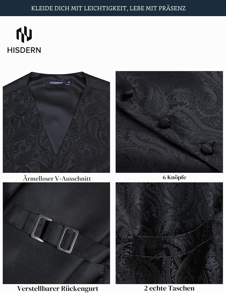HISDERN Herren FLoral Hochzeit Weste Krawatte Einstecktuch Taschentuch Jacquard Weste Anzug Set 4XL