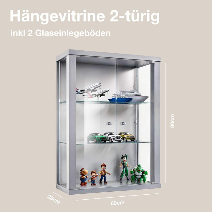 K-Möbel Hängevitrine Glas in Alu/Silber (80x60x25 cm) mit 2 höhenverstellbaren Glasböden - Modellaut