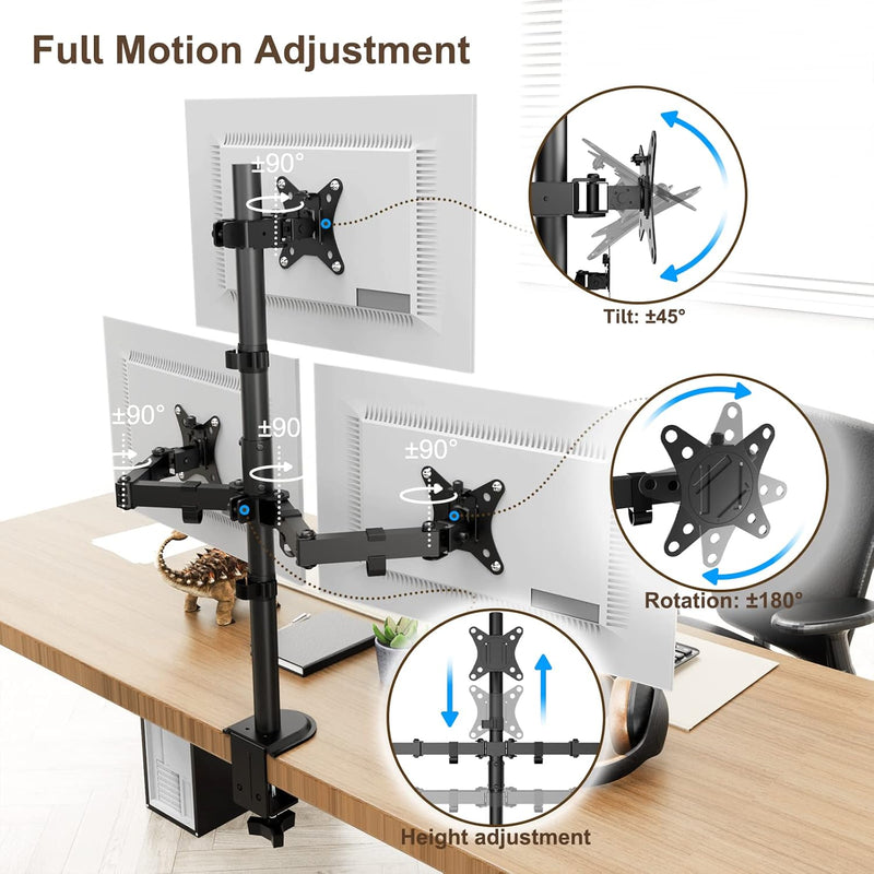 PUTORSEN Monitor Halterung 3 Monitore für 13-32 Zoll Flach & Curved Bildschirm, 80cm Stange Monitor