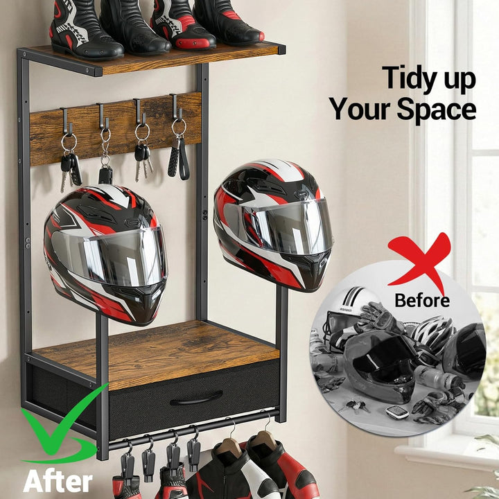 Housolution Motorradhelm Wandhalterung mit Stoffschublade, Helmhalterung mit 4 Handschuhchips und 4