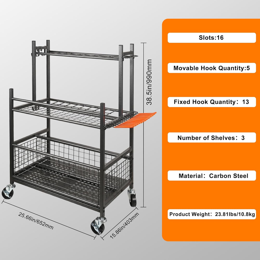 Gartengeräte Organizer mit Feststellrollen,Schwerlast Metall Gartengeräteständer,16 Fächer+19 Haken