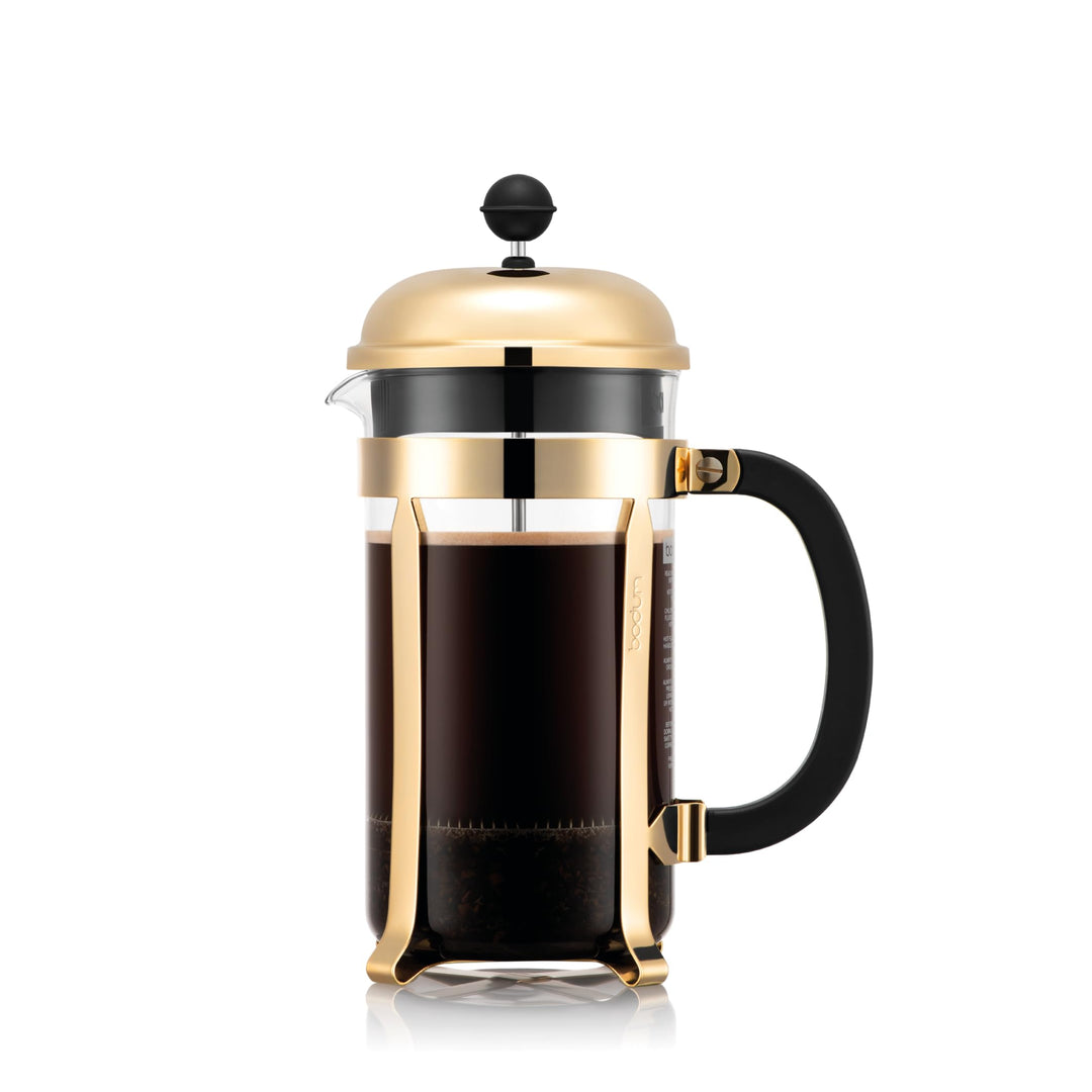Bodum 1928-17 Chambord Kaffeebereiter 8 Tassen mit Metallrahmen, Edelstahl, Gold, 24 x 50 x 27.2