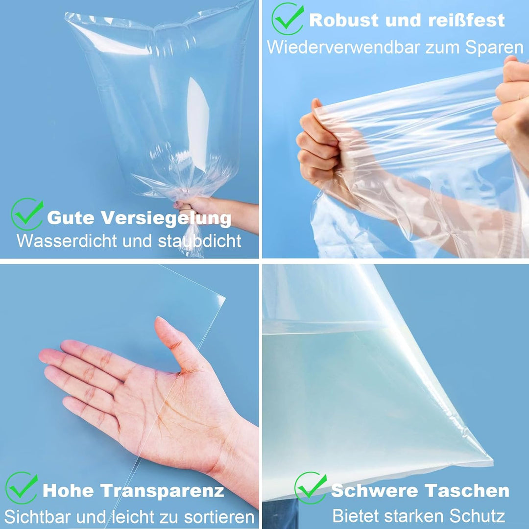 10 Stück extra grosse durchsichtige Aufbewahrungsbeutel, 100 x 150 cm grosse Plastiktüten, wiederver