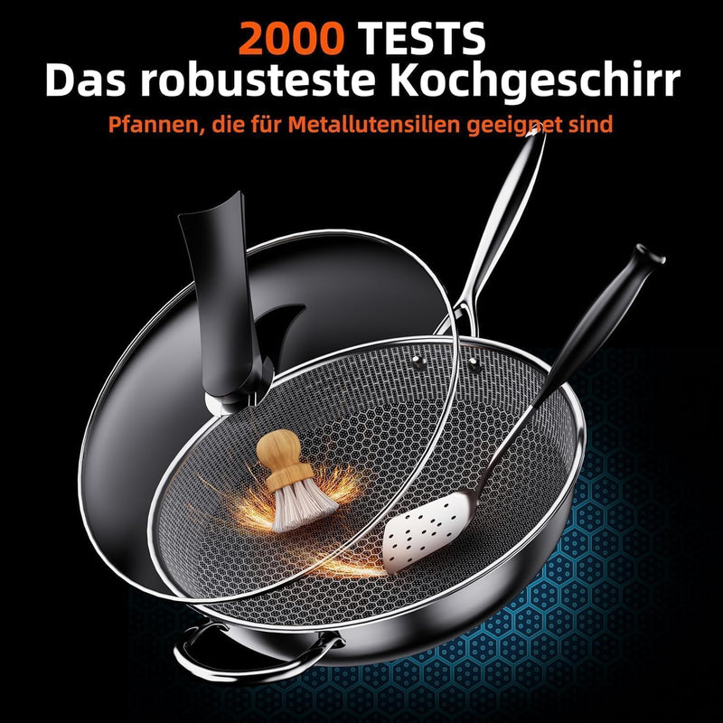 Kiseely Hybrid Wokpfanne mit Deckel 34 cm, Antihaft edelstahl Wokpfanne induktion, Bratpfanne mit An