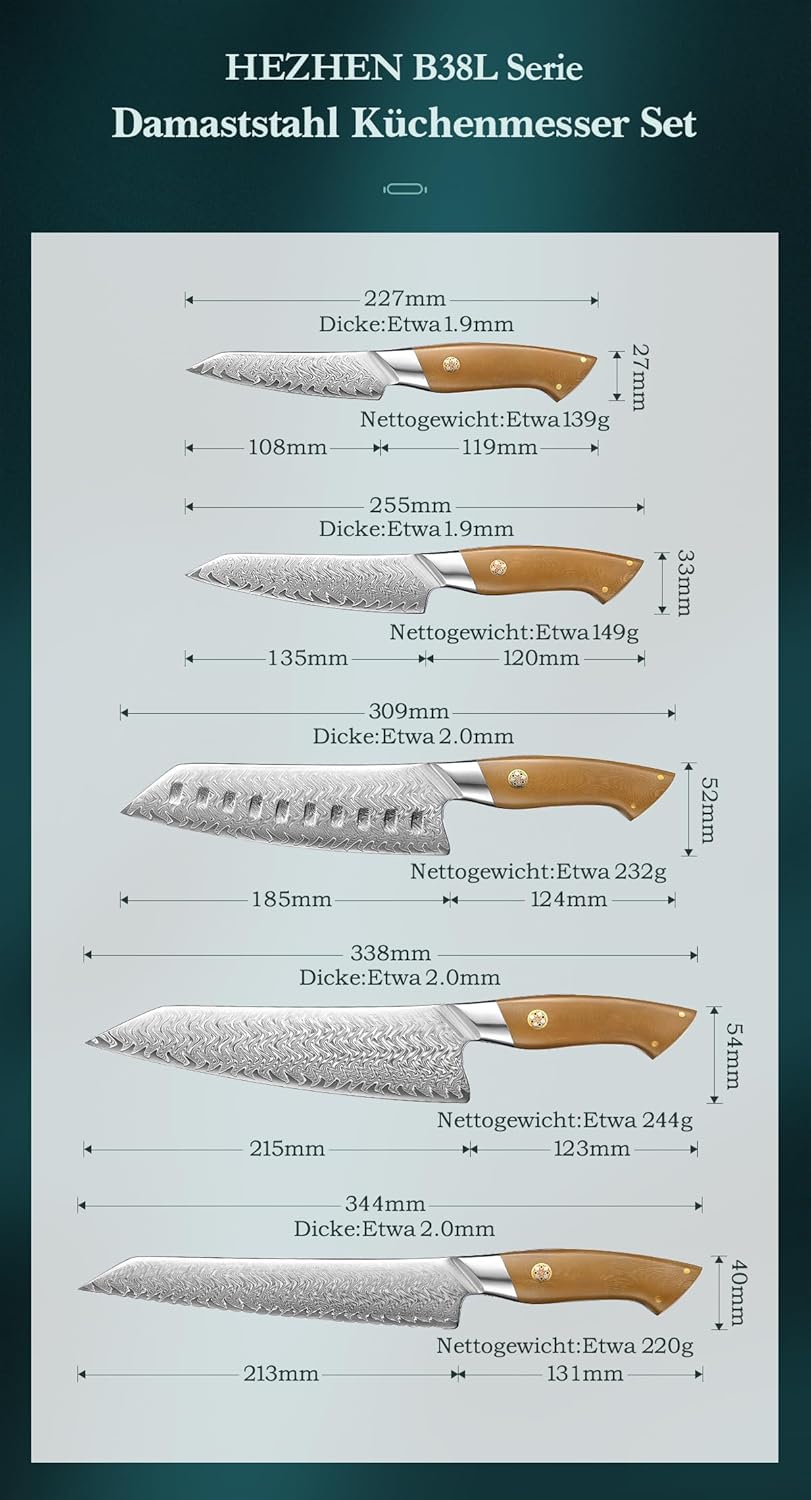 HEZHEN Messerset Profi Damast Küchenmesserset,Damaststahl Kochmesser Set Santoku Messer, Ergonomisch