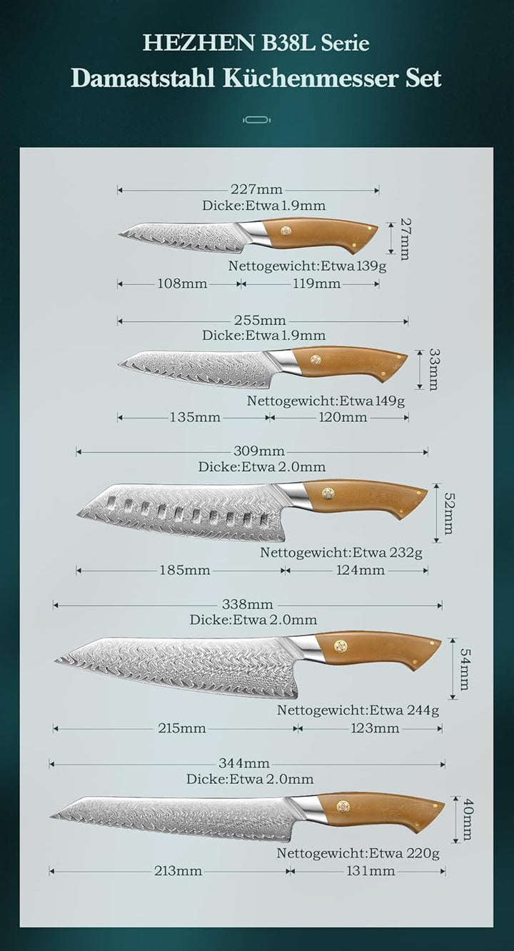 HEZHEN Messerset Profi Damast Küchenmesserset,Damaststahl Kochmesser Set Santoku Messer, Ergonomisch