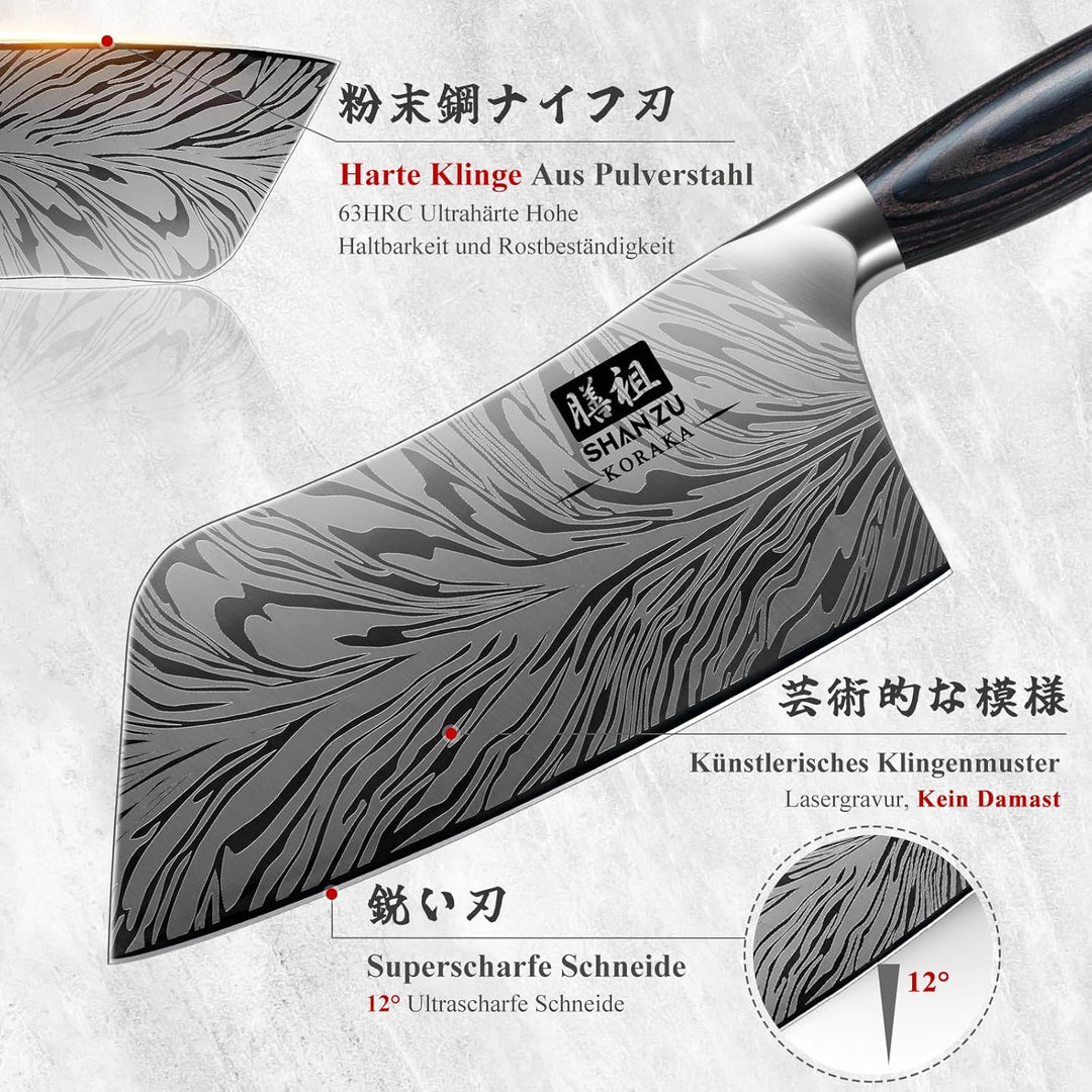SHAN ZU Küchenmesser aus Pulverstahl, 18 cm Japanisches Hackmesser Kohlenstoffreicher 63 HRC-Stahl G