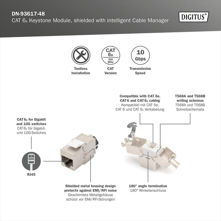 DIGITUS Keystone-Modul Cat-6A Geschirmt - 48 Stück - RJ45-Buchse - 500 MHz 10GBase-T - AWG 26-22 - D