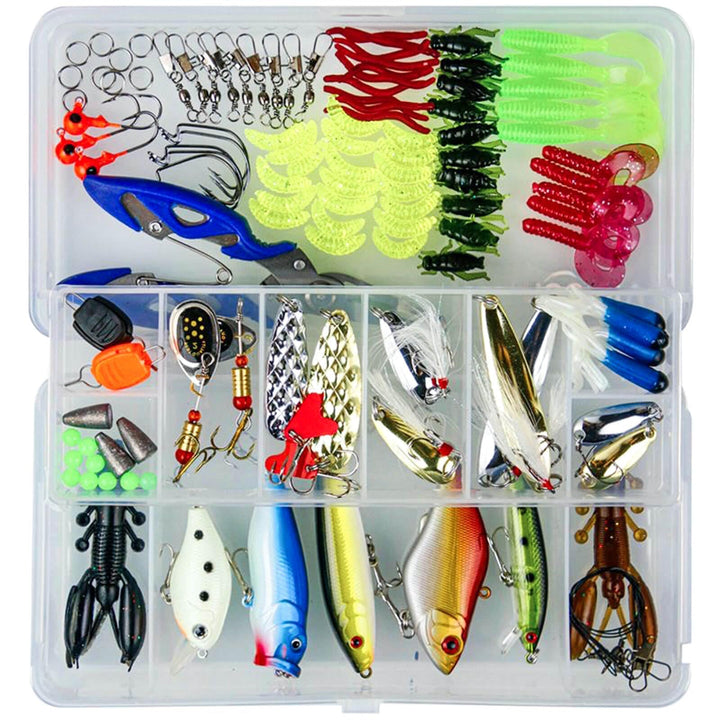 Angelköder Set 120 Teile – Wobbler, Spinner, Gummiköder, Jigköpfe, Vorfächer & Zange in UV- & korros